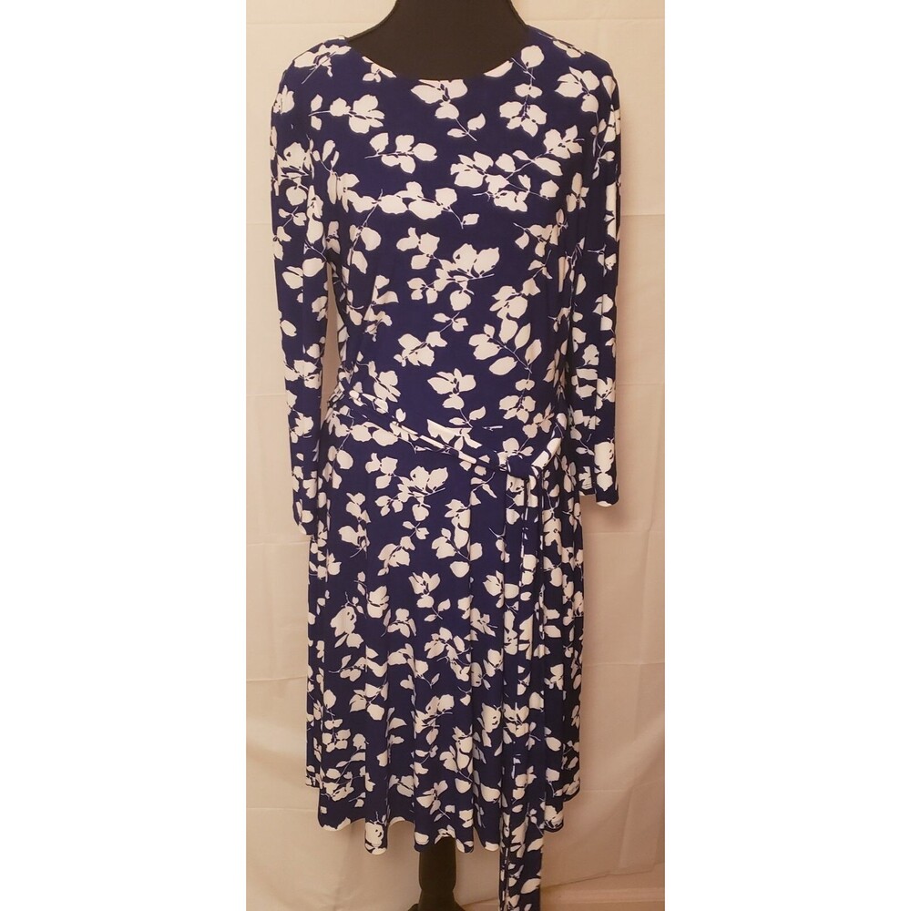 Ralph Lauren Dress Sz 10 Navy White Floral Long Sleeve Swing Fit Flare NWOT